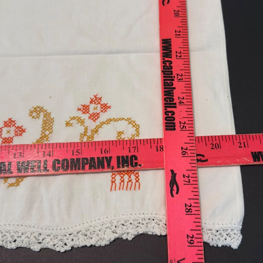 Vintage Pillowcase White Handmade Orange Embroidered Cross Stitch Lace Cottage
